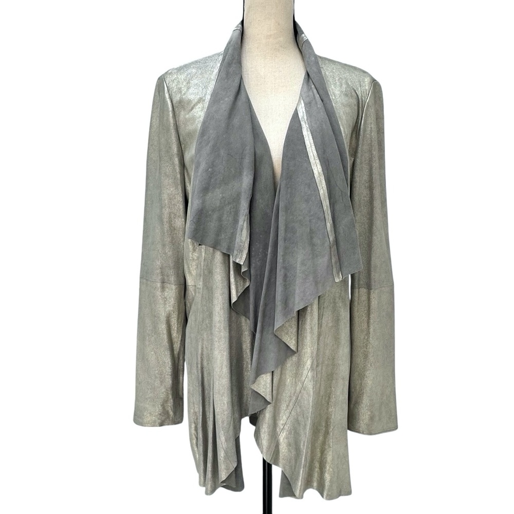 CATHERINE MALANDRINO SILVER METALLIC DRAPED NECKLINE OPEN LEATHER JACKET - NWT